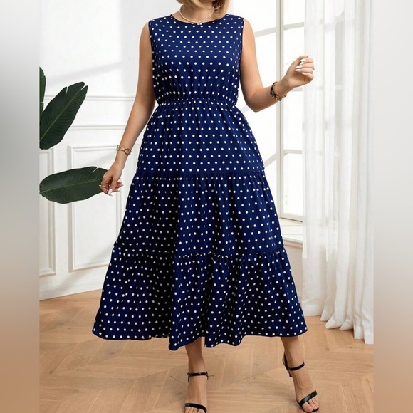 SHEIN Curve • Blue and White Polka Dot Tiered Maxi Dress - Picture 1 of 10